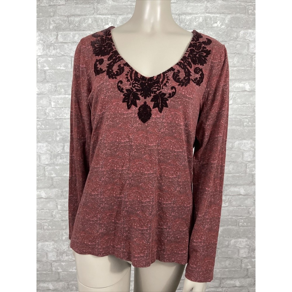 Soft Surroundings Small Red V-neck Long Sleeve with Velvet Leaf Detail #26867